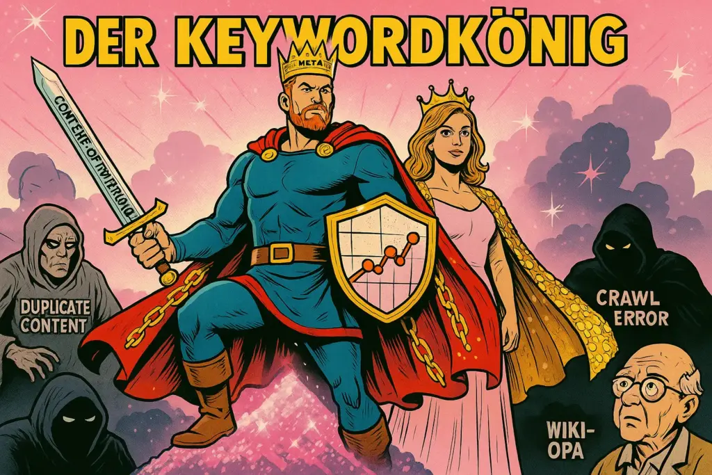 Keywordkönig mit Schild (Rankingkurve) und Schwert neben der Keywordkönigin. Im Hintergrund düstere Gestalten wie „Duplicate Content“ und „Crawl Error“. Daneben der Wiki-Opa – ein älterer Herr mit Brille. Titel: „Der Keywordkönig“ in gelben Lettern.